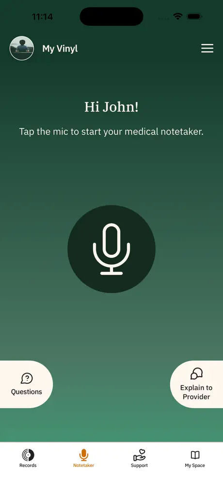 The Vinyl Health app home screen — tap the mic to start your medical notetaker