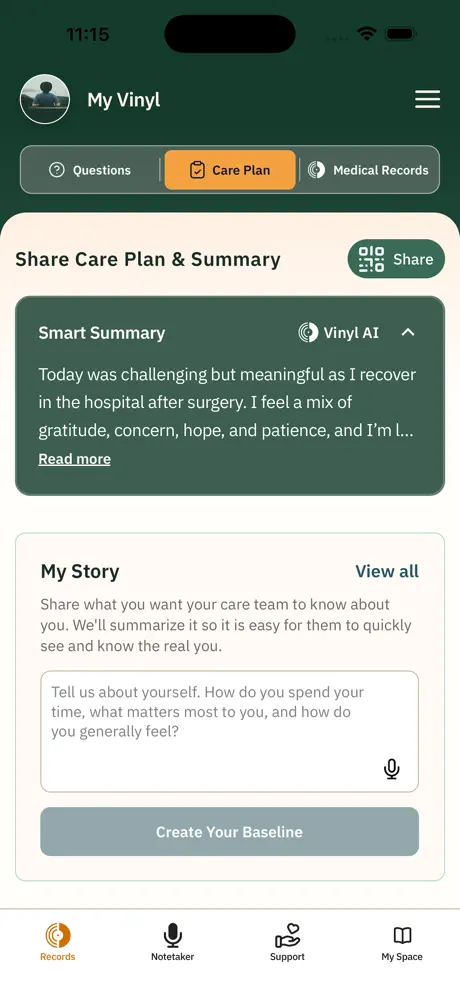 Care Plan and AI Smart Summary in the Vinyl Health app