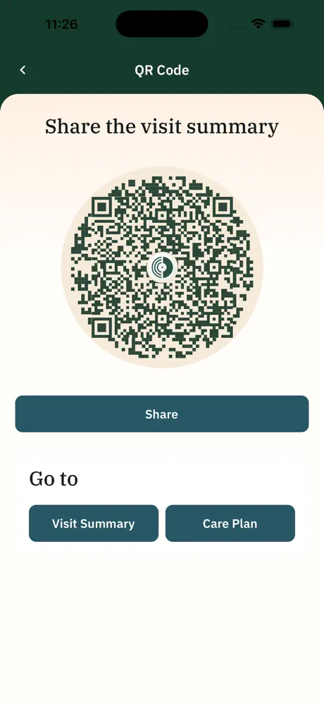 Share a visit summary with a navigator via QR code in the Vinyl Health app