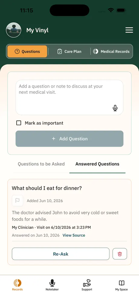 Questions to ask your doctor, in the Vinyl Health app