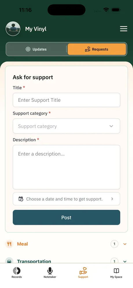 Ask your support network for help in the Vinyl Health app